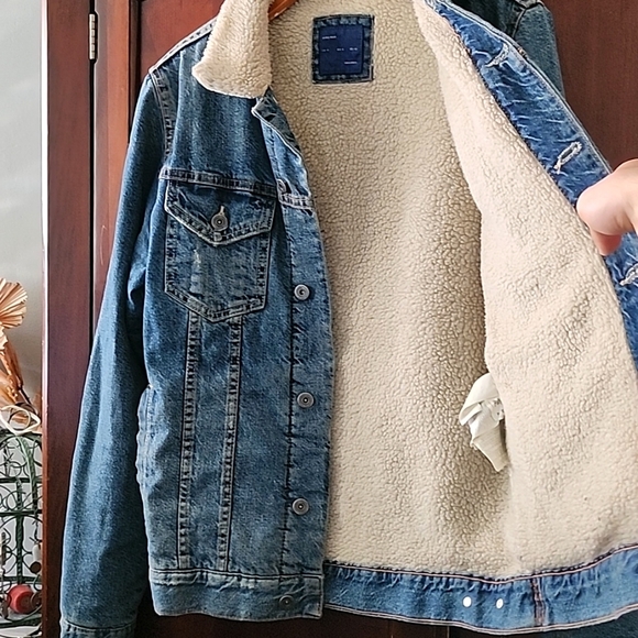 Zara Man Faux Sherpa Denim Trucker Jacket - Picture 7 of 7